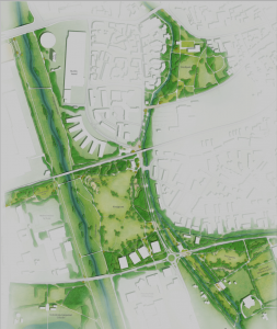 Ein Landschaftspark zwischen Kinzig (l.) und Mühlbach (r.): Nach Ende der Gartenschau wird das Gelände das Gifiz-Areal (unten l.), den Bürgerpark (oben r.), den Hochschul-Campus (unten M.) und den künftigen Sportpark Süd (unten r.) verbinden.